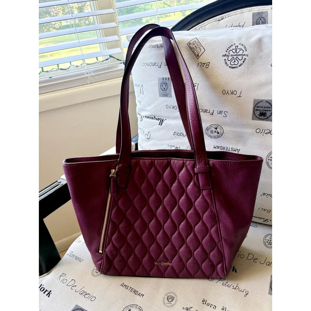 Vera Bradley Ella Tote Bag Aubergine Quilted Pebbled Leather Gold Hardware - Picture 1 of 11